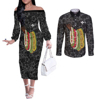 Hawaii Lei Kamehameha Couples Matching Off The Shoulder Long Sleeve Dress and Long Sleeve Button Shirt Ele'ele Seamless Pattern Hibiscus Flower