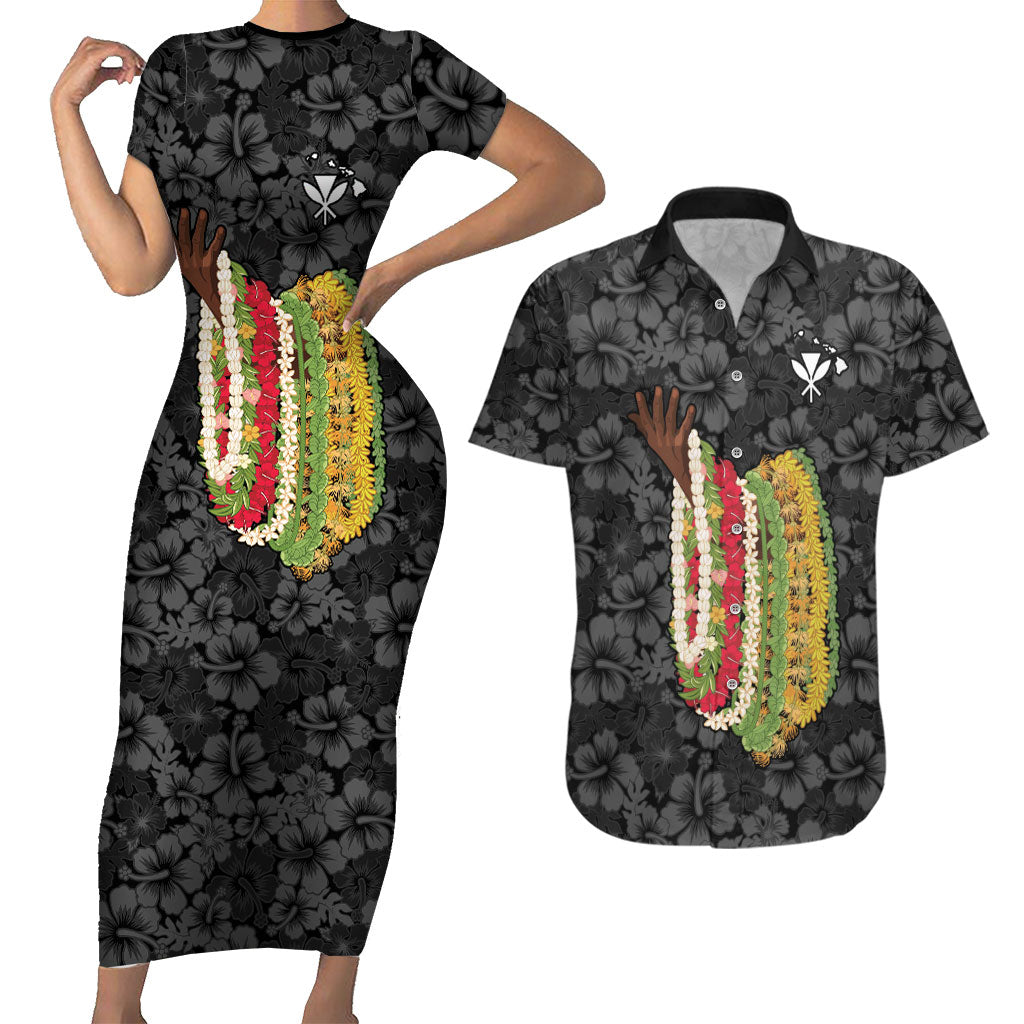 Hawaii Lei Kamehameha Couples Matching Short Sleeve Bodycon Dress and Hawaiian Shirt Ele'ele Seamless Pattern Hibiscus Flower