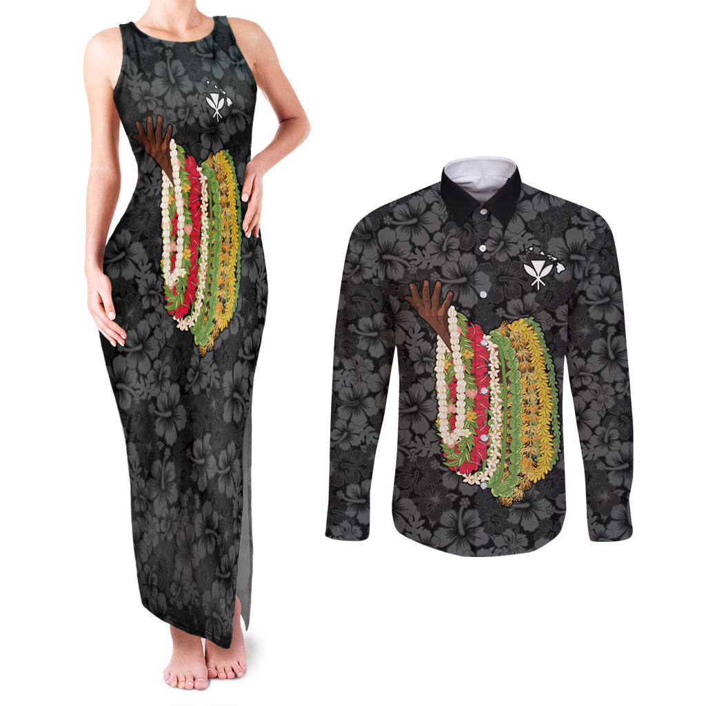 Hawaii Lei Kamehameha Couples Matching Tank Maxi Dress and Long Sleeve Button Shirt Ele'ele Seamless Pattern Hibiscus Flower