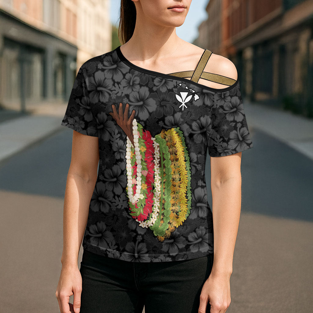 Hawaii Lei Kamehameha Cross Shoulder Shirt Ele'ele Seamless Pattern Hibiscus Flower