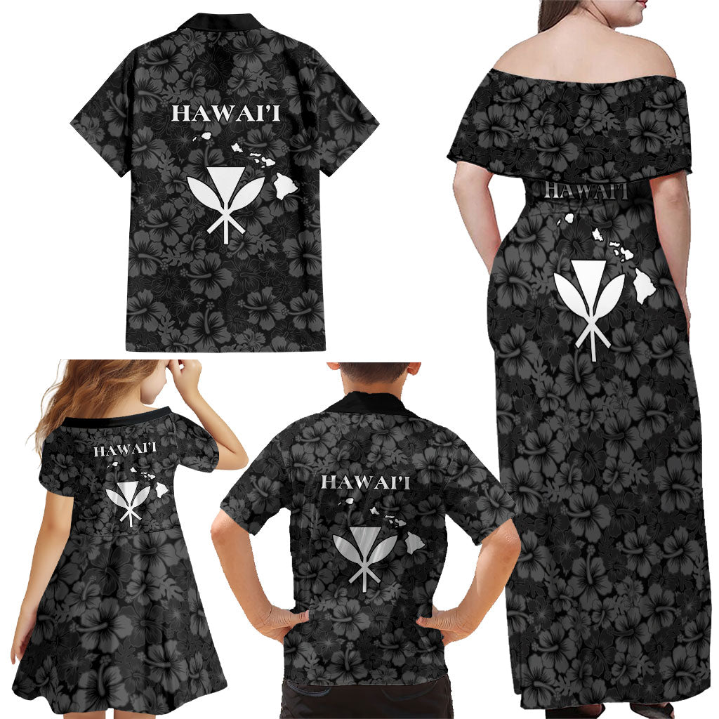 Hawaii Lei Kamehameha Family Matching Off Shoulder Maxi Dress and Hawaiian Shirt Ele'ele Seamless Pattern Hibiscus Flower