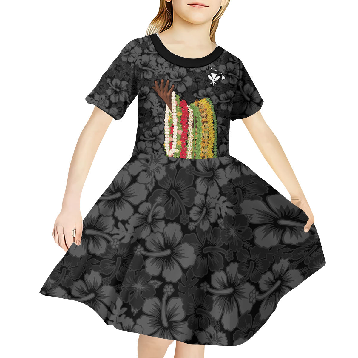 Hawaii Lei Kamehameha Kid Short Sleeve Dress Ele'ele Seamless Pattern Hibiscus Flower