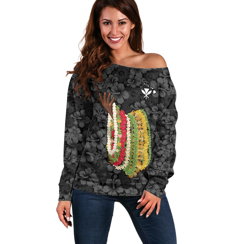 Hawaii Lei Kamehameha Off Shoulder Sweater Ele'ele Seamless Pattern Hibiscus Flower
