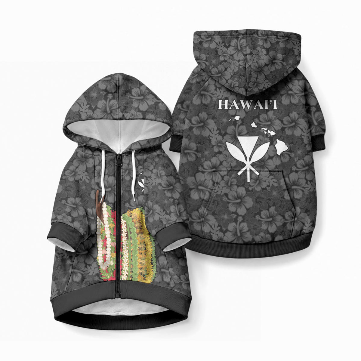 Hawaii Lei Kamehameha Pet Hoodie Ele'ele Seamless Pattern Hibiscus Flower LT9 Zip-up Black - Polynesian Pride