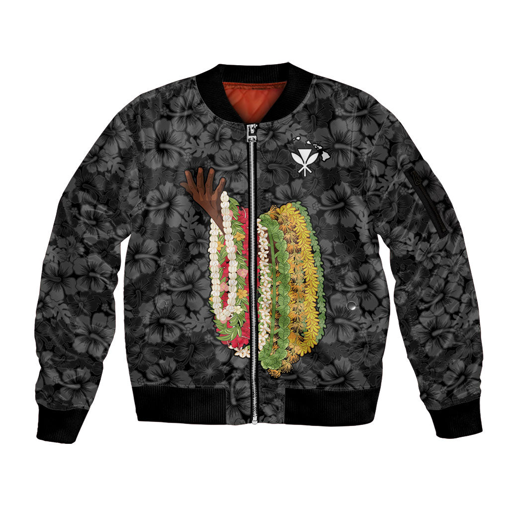 Hawaii Lei Kamehameha Sleeve Zip Bomber Jacket Ele'ele Seamless Pattern Hibiscus Flower