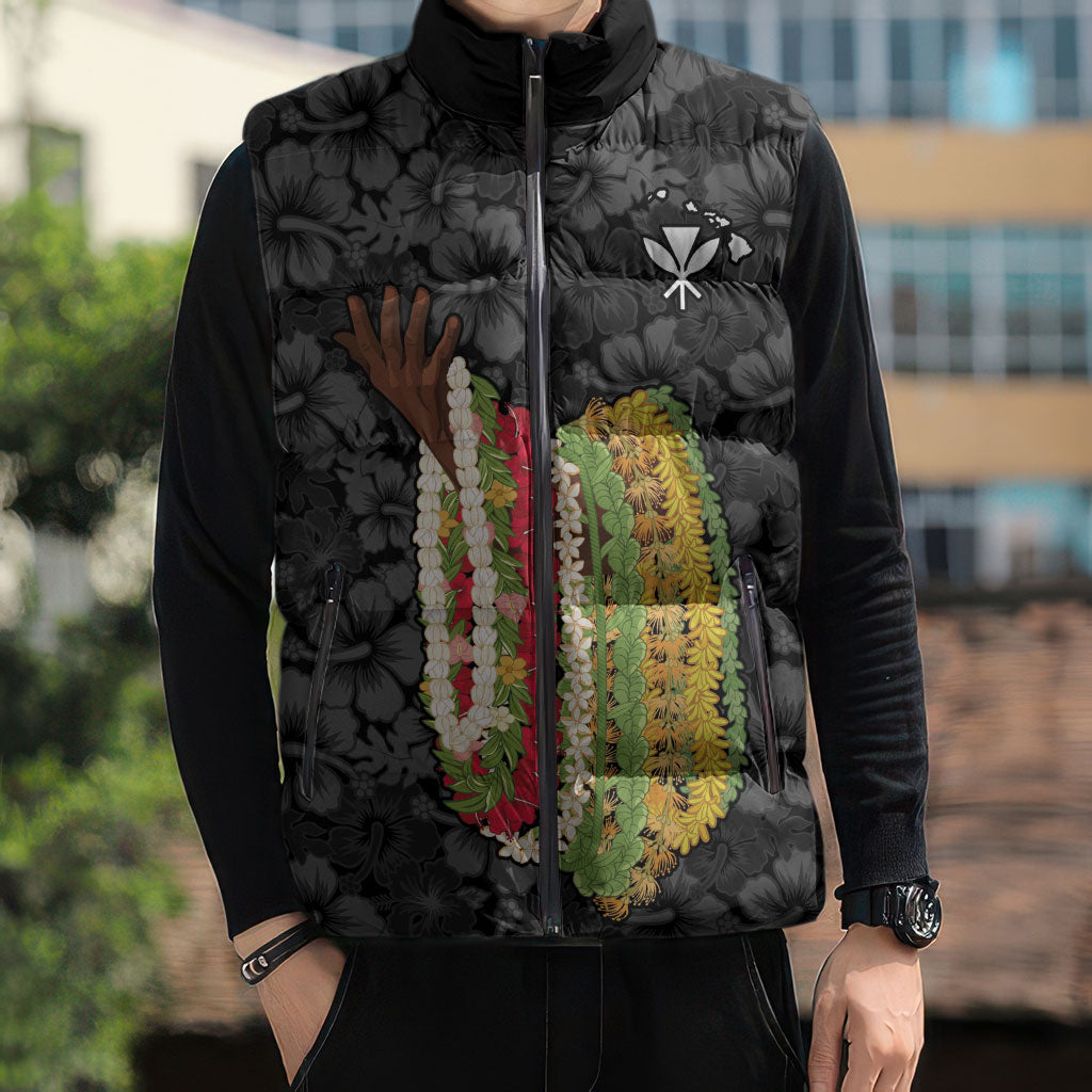 Hawaii Lei Kamehameha Sleeveless Puffer Jacket Ele'ele Seamless Pattern Hibiscus Flower