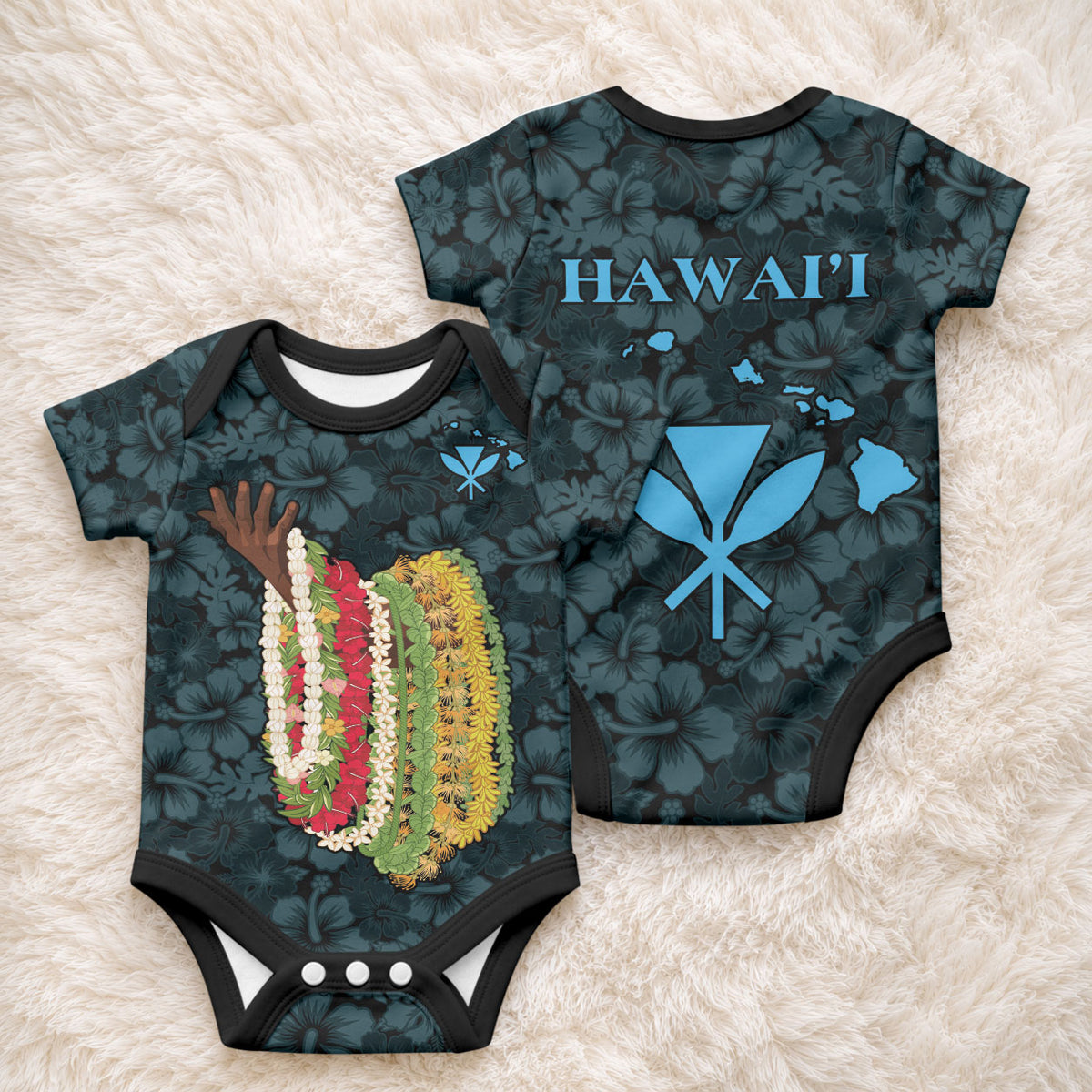 Hawaii Lei Kamehameha Baby Onesie Uliuli Seamless Pattern Hibiscus Flower LT9 - Polynesian Pride