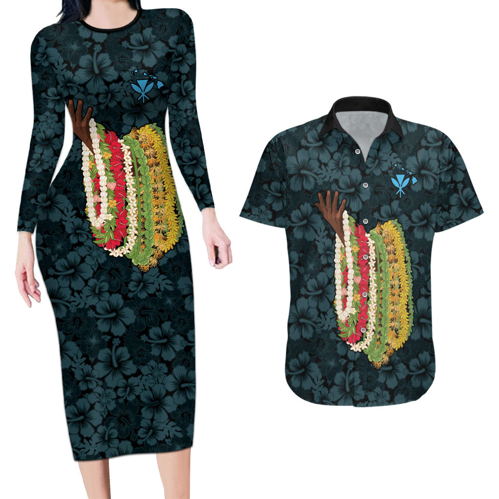 Hawaii Lei Kamehameha Couples Matching Long Sleeve Bodycon Dress and Hawaiian Shirt Uliuli Seamless Pattern Hibiscus Flower