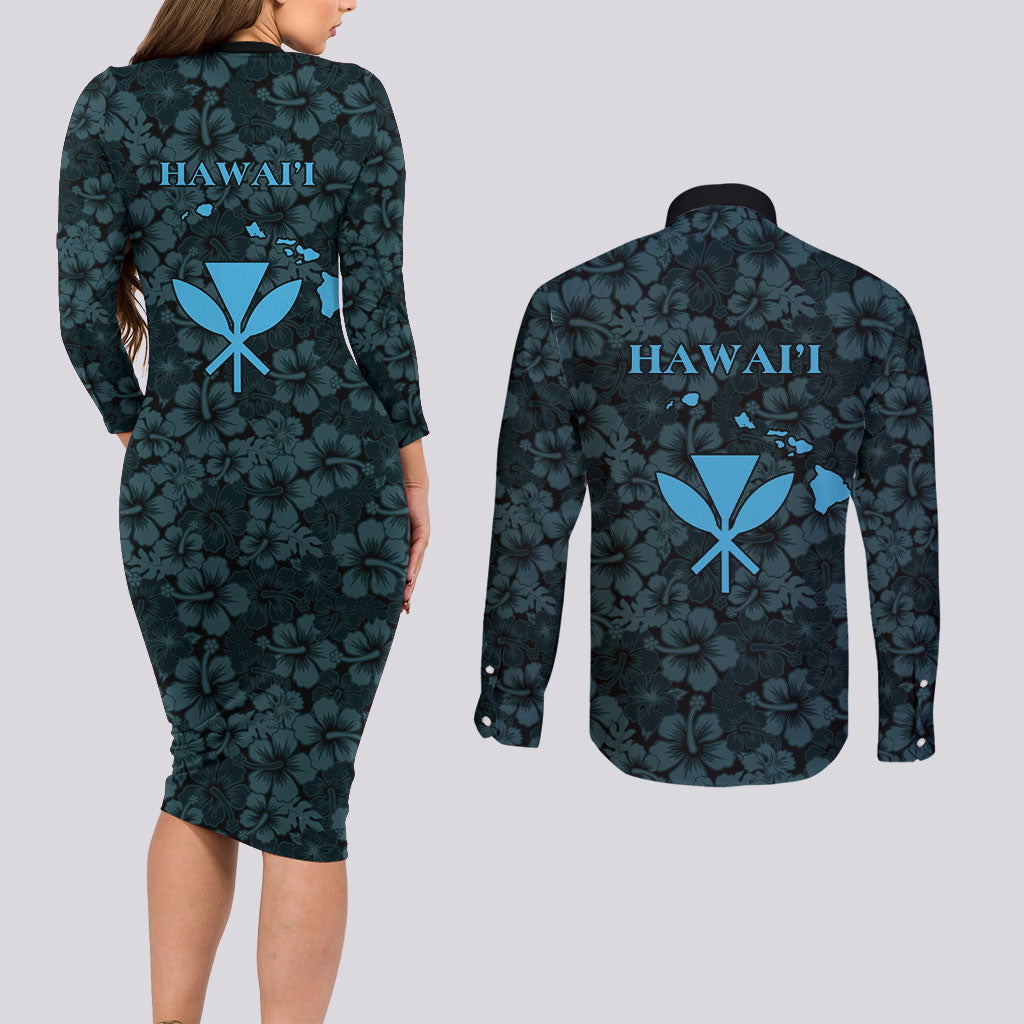 Hawaii Lei Kamehameha Couples Matching Long Sleeve Bodycon Dress and Long Sleeve Button Shirt Uliuli Seamless Pattern Hibiscus Flower