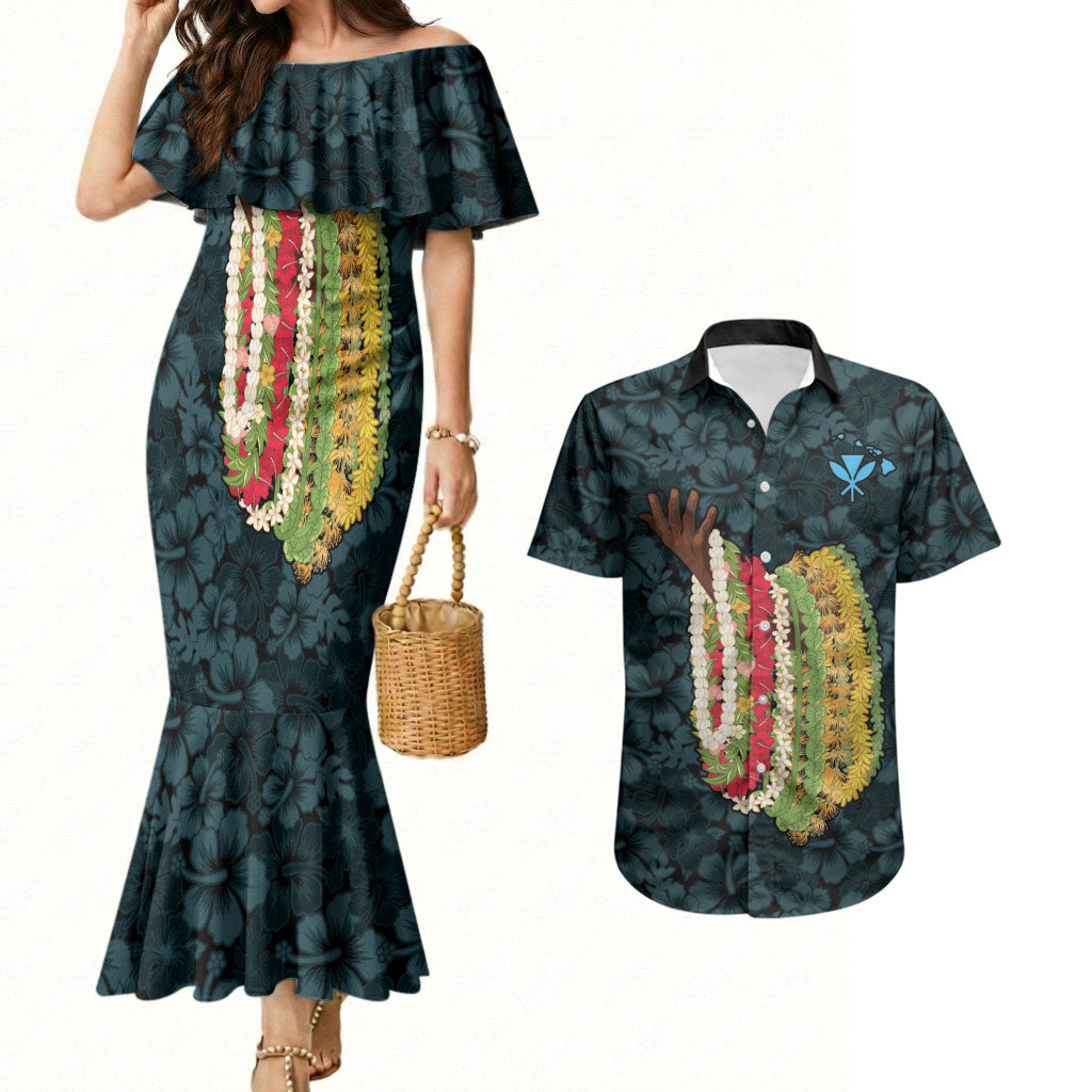 Hawaii Lei Kamehameha Couples Matching Mermaid Dress and Hawaiian Shirt Uliuli Seamless Pattern Hibiscus Flower LT9 Blue - Polynesian Pride