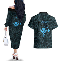 Hawaii Lei Kamehameha Couples Matching Off The Shoulder Long Sleeve Dress and Hawaiian Shirt Uliuli Seamless Pattern Hibiscus Flower LT9 - Polynesian Pride