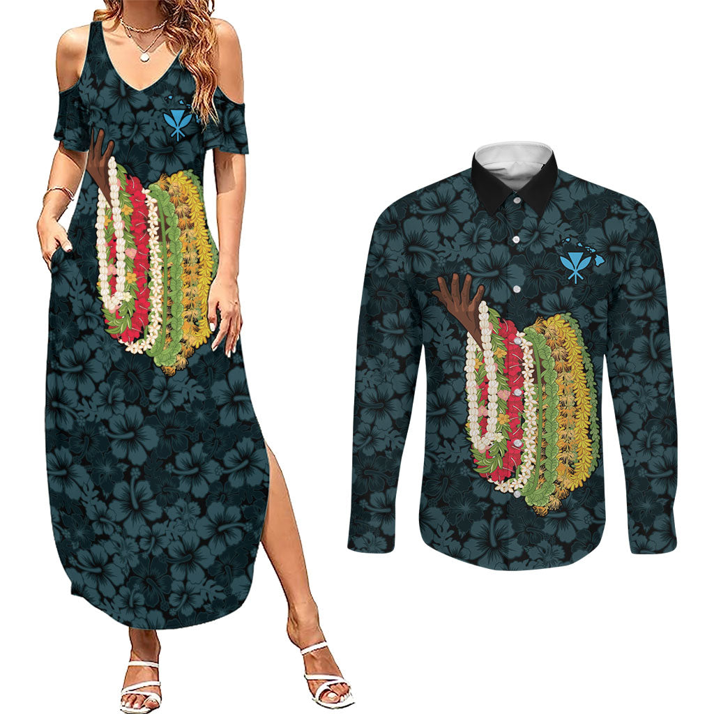 Hawaii Lei Kamehameha Couples Matching Summer Maxi Dress and Long Sleeve Button Shirt Uliuli Seamless Pattern Hibiscus Flower