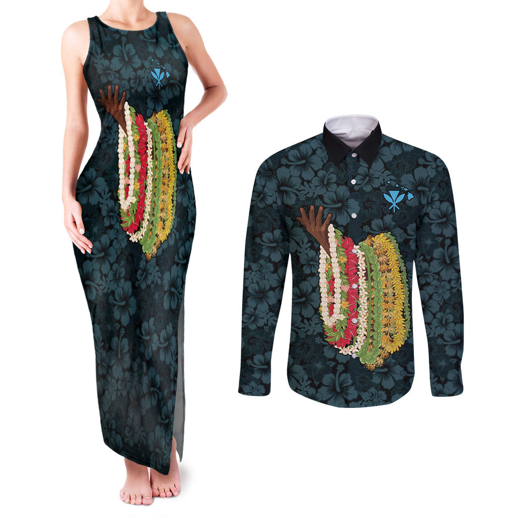 Hawaii Lei Kamehameha Couples Matching Tank Maxi Dress and Long Sleeve Button Shirt Uliuli Seamless Pattern Hibiscus Flower