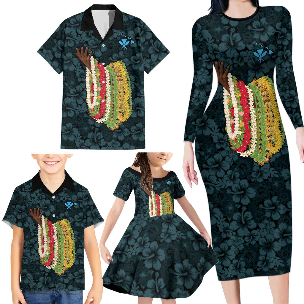 Hawaii Lei Kamehameha Family Matching Long Sleeve Bodycon Dress and Hawaiian Shirt Uliuli Seamless Pattern Hibiscus Flower LT9 - Polynesian Pride