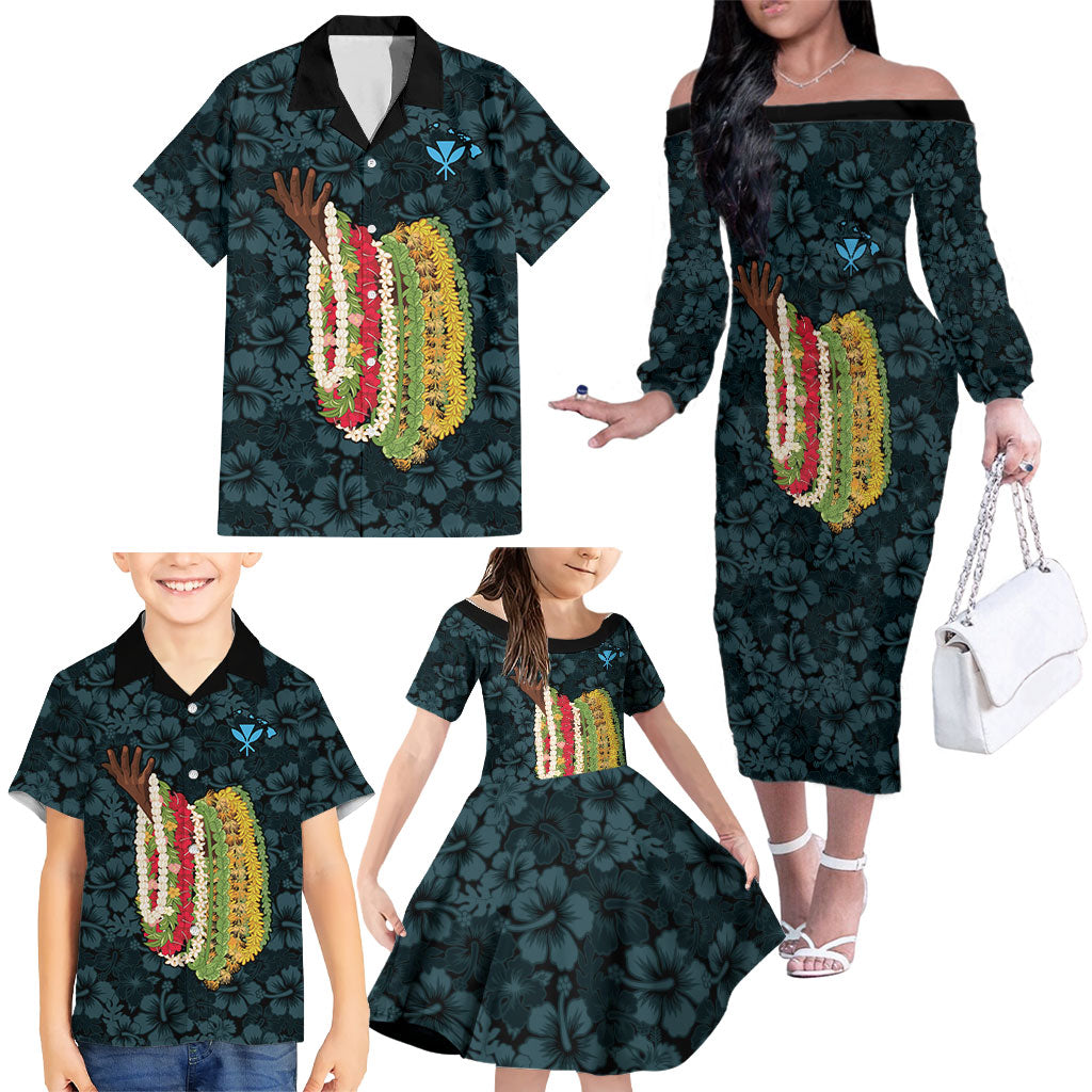 Hawaii Lei Kamehameha Family Matching Off The Shoulder Long Sleeve Dress and Hawaiian Shirt Uliuli Seamless Pattern Hibiscus Flower