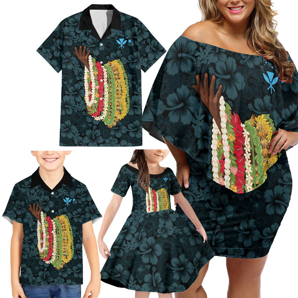 Hawaii Lei Kamehameha Family Matching Off Shoulder Short Dress and Hawaiian Shirt Uliuli Seamless Pattern Hibiscus Flower