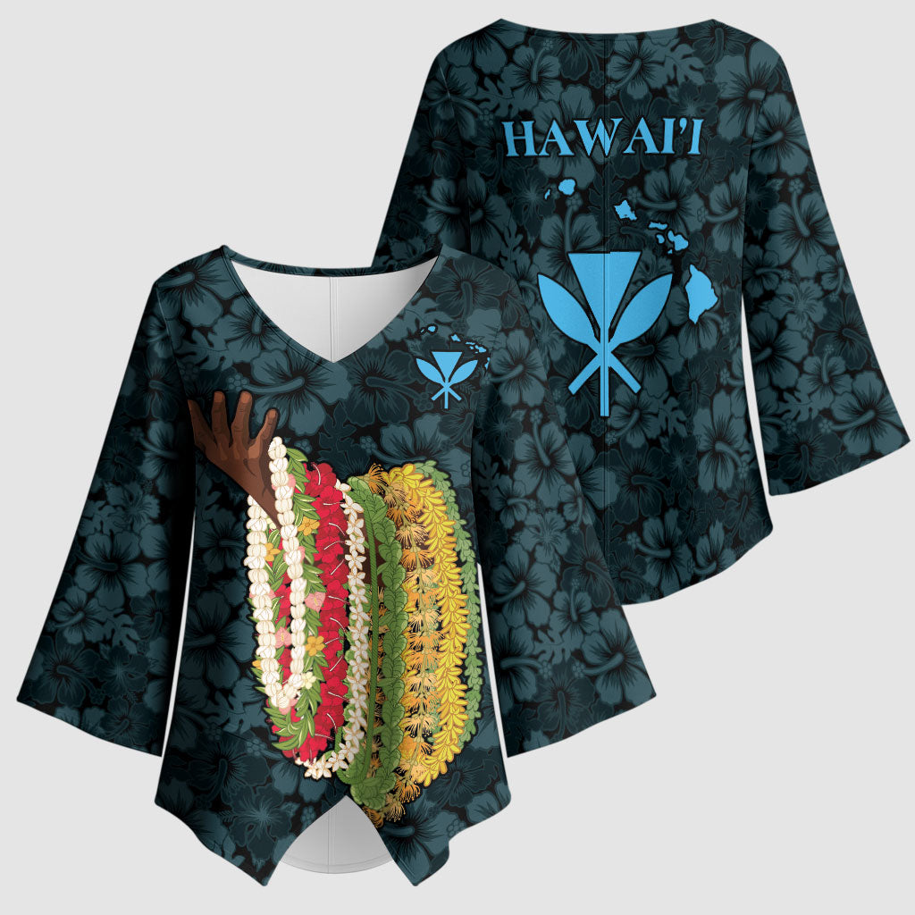 Hawaii Lei Kamehameha Kimono Sleeve Blouse Uliuli Seamless Pattern Hibiscus Flower