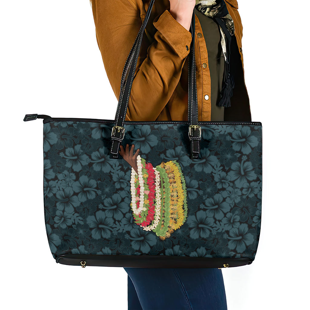 Hawaii Lei Kamehameha Leather Tote Bag Uliuli Seamless Pattern Hibiscus Flower