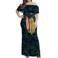Hawaii Lei Kamehameha Off Shoulder Maxi Dress Uliuli Seamless Pattern Hibiscus Flower