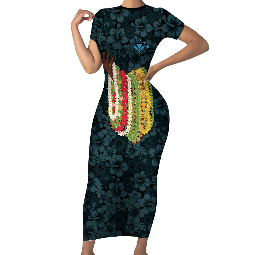 Hawaii Lei Kamehameha Short Sleeve Bodycon Dress Uliuli Seamless Pattern Hibiscus Flower