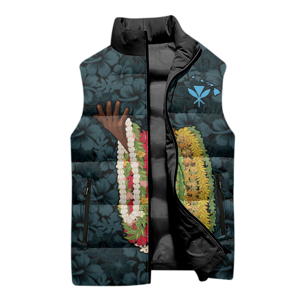Hawaii Lei Kamehameha Sleeveless Puffer Jacket Uliuli Seamless Pattern Hibiscus Flower