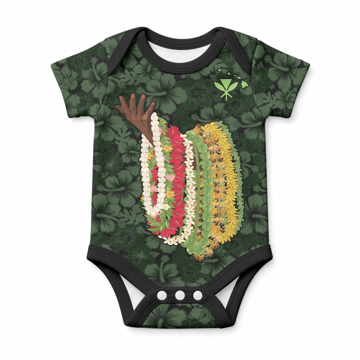 Hawaii Lei Kamehameha Baby Onesie Oma'oma'o Seamless Pattern Hibiscus Flower LT9 Green - Polynesian Pride