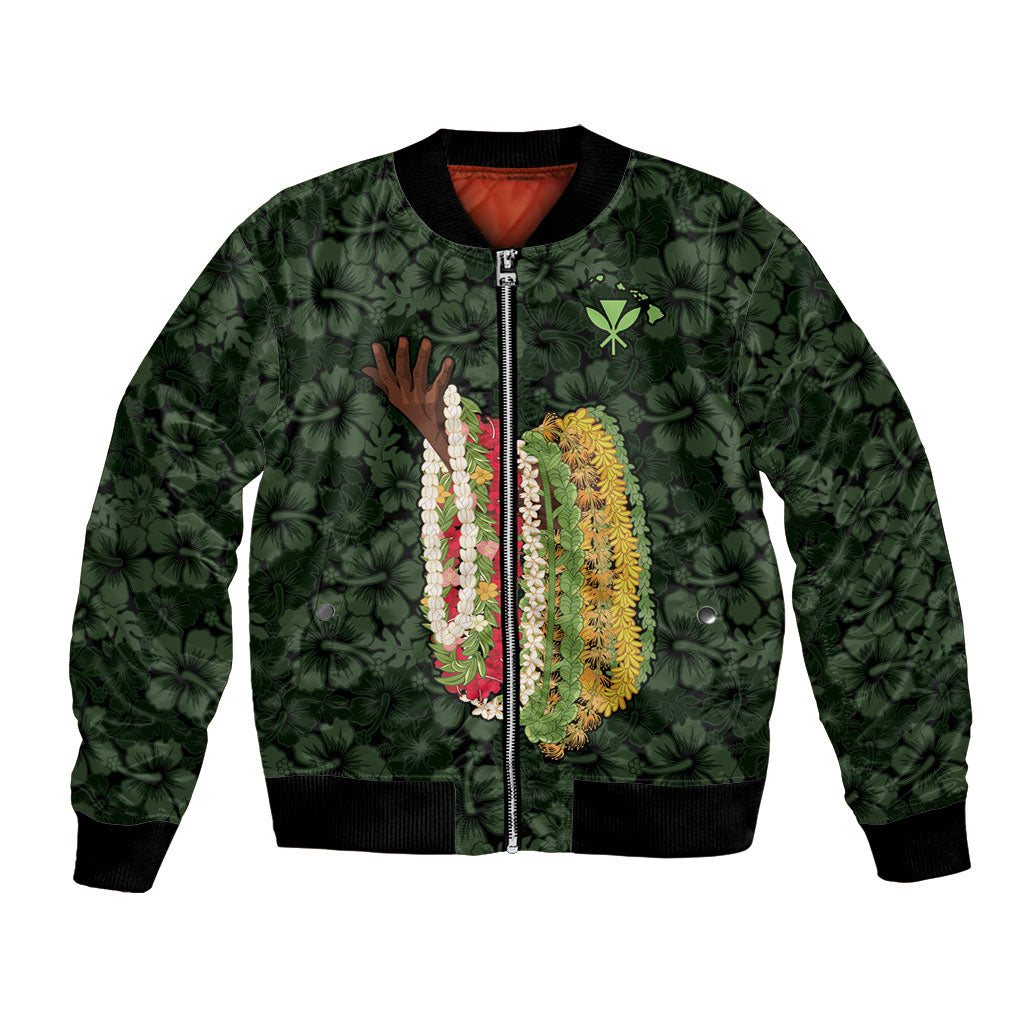 Hawaii Lei Kamehameha Bomber Jacket Oma'oma'o Seamless Pattern Hibiscus Flower