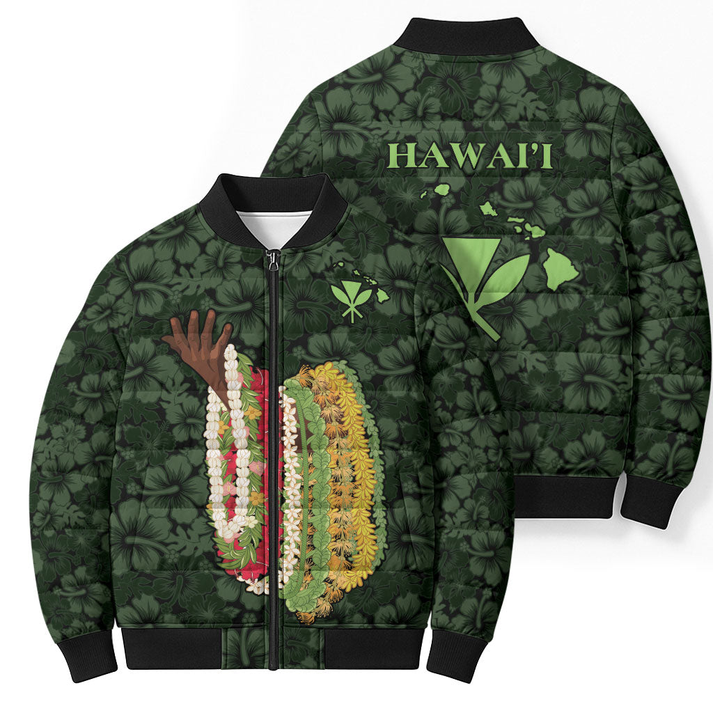 Hawaii Lei Kamehameha Bomber Puffer Jacket Oma'oma'o Seamless Pattern Hibiscus Flower