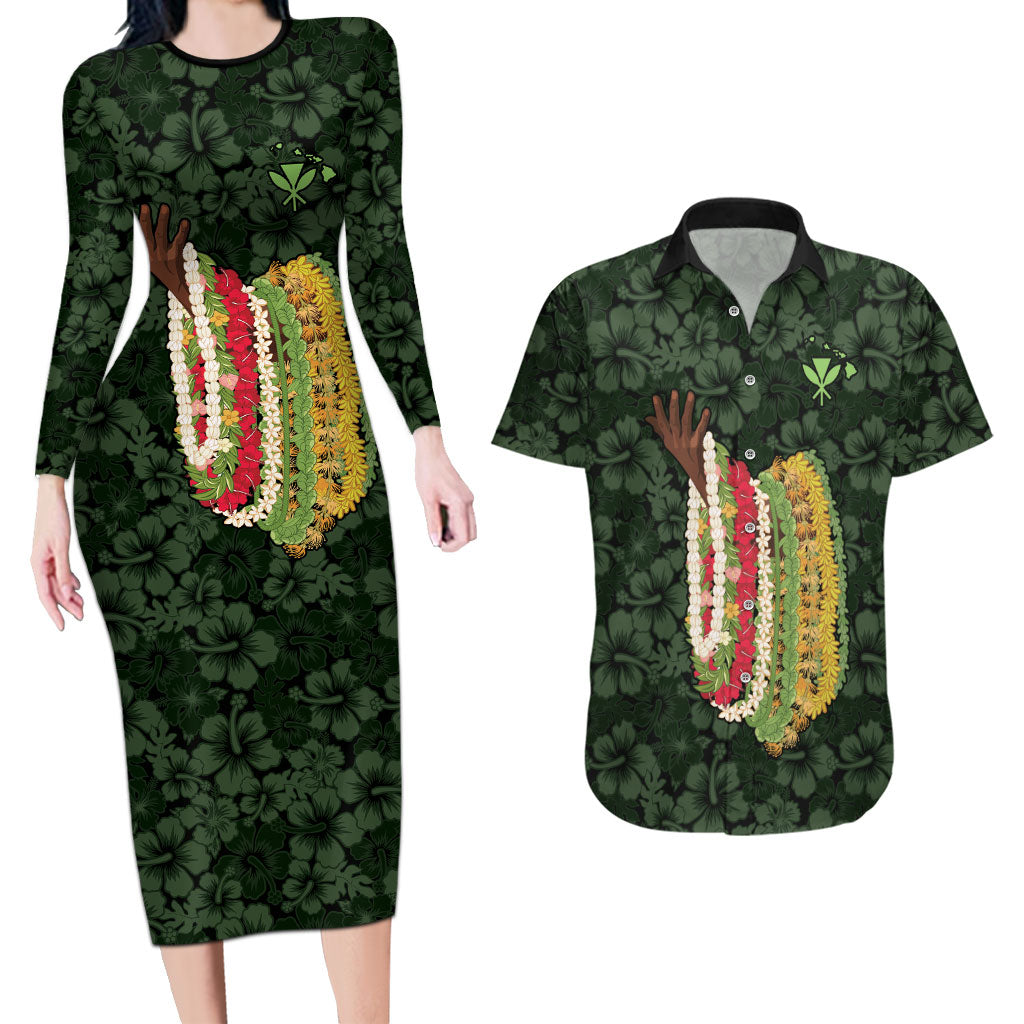 Hawaii Lei Kamehameha Couples Matching Long Sleeve Bodycon Dress and Hawaiian Shirt Oma'oma'o Seamless Pattern Hibiscus Flower