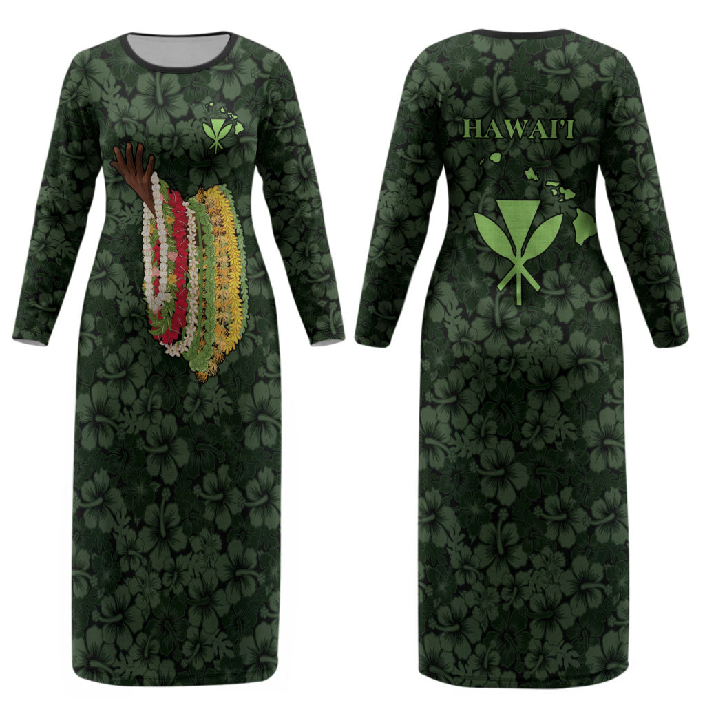 Hawaii Lei Kamehameha Couples Matching Long Sleeve Bodycon Dress and Hawaiian Shirt Oma'oma'o Seamless Pattern Hibiscus Flower LT9 - Polynesian Pride