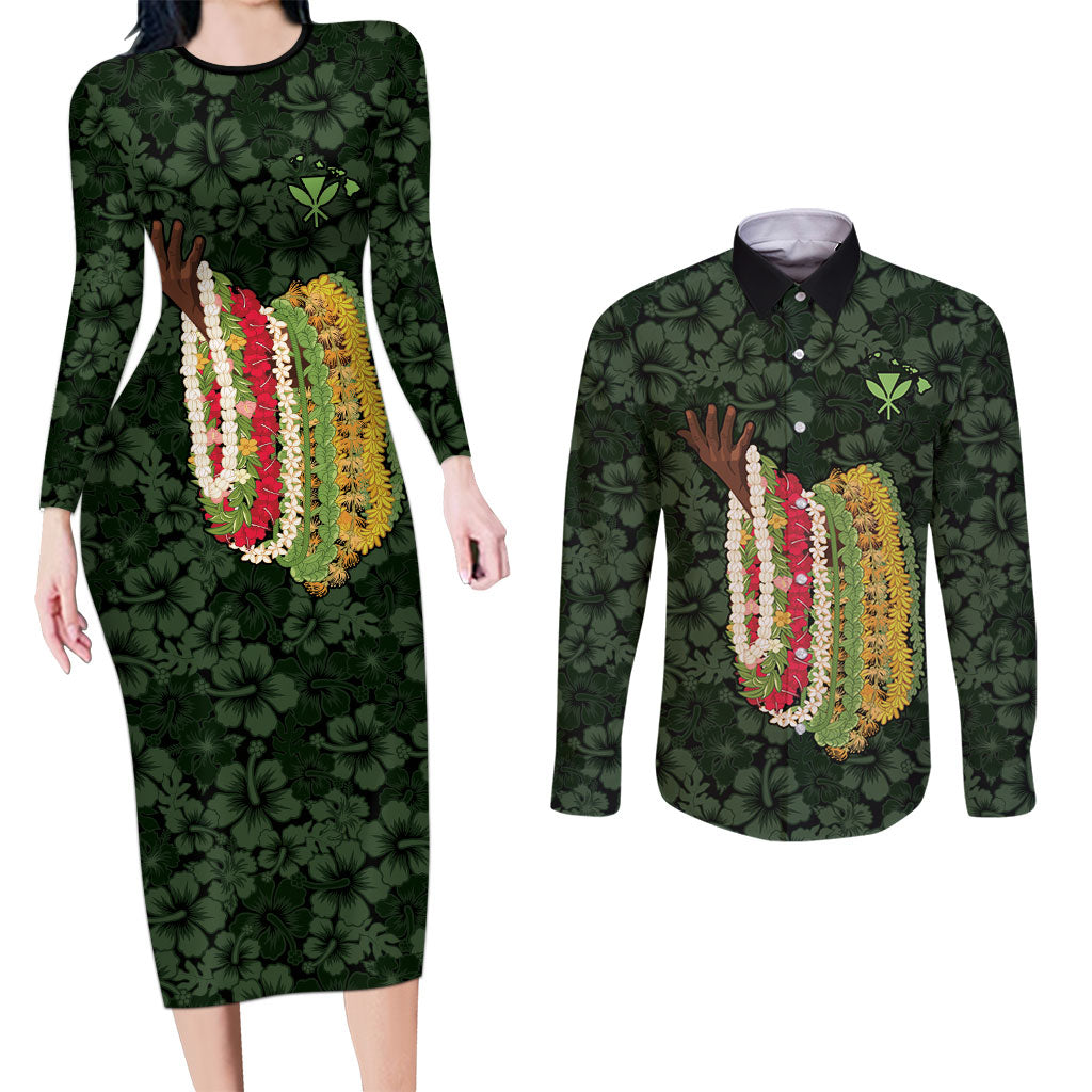 Hawaii Lei Kamehameha Couples Matching Long Sleeve Bodycon Dress and Long Sleeve Button Shirt Oma'oma'o Seamless Pattern Hibiscus Flower