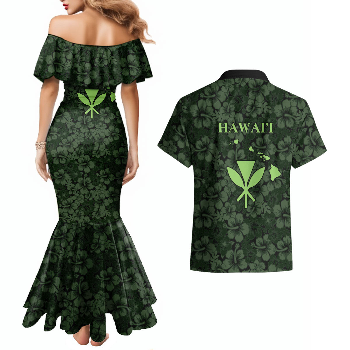 Hawaii Lei Kamehameha Couples Matching Mermaid Dress and Hawaiian Shirt Oma'oma'o Seamless Pattern Hibiscus Flower