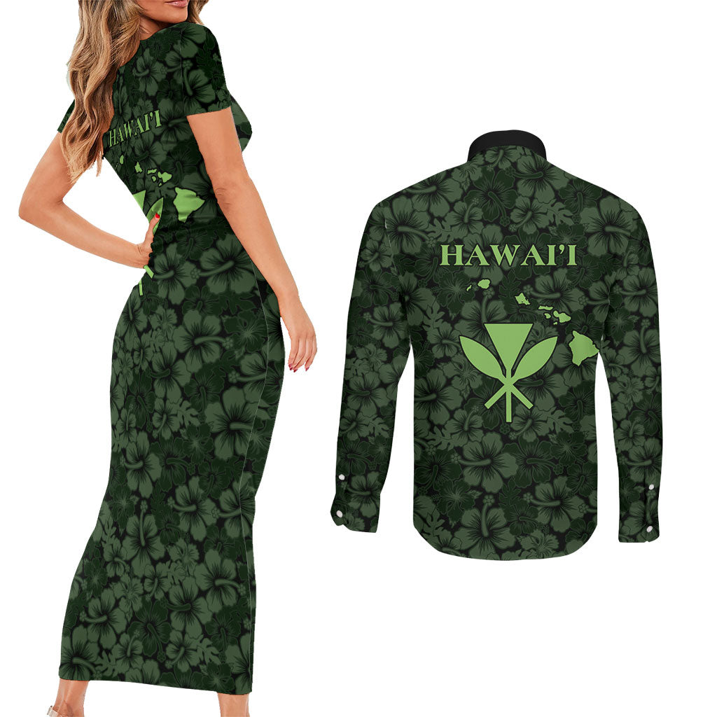 Hawaii Lei Kamehameha Couples Matching Short Sleeve Bodycon Dress and Long Sleeve Button Shirt Oma'oma'o Seamless Pattern Hibiscus Flower