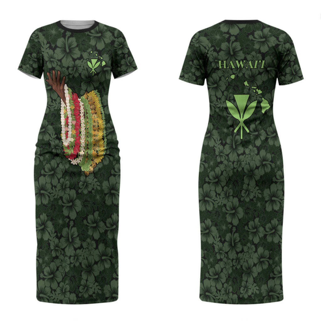 Hawaii Lei Kamehameha Couples Matching Short Sleeve Bodycon Dress and Long Sleeve Button Shirt Oma'oma'o Seamless Pattern Hibiscus Flower LT9 - Polynesian Pride