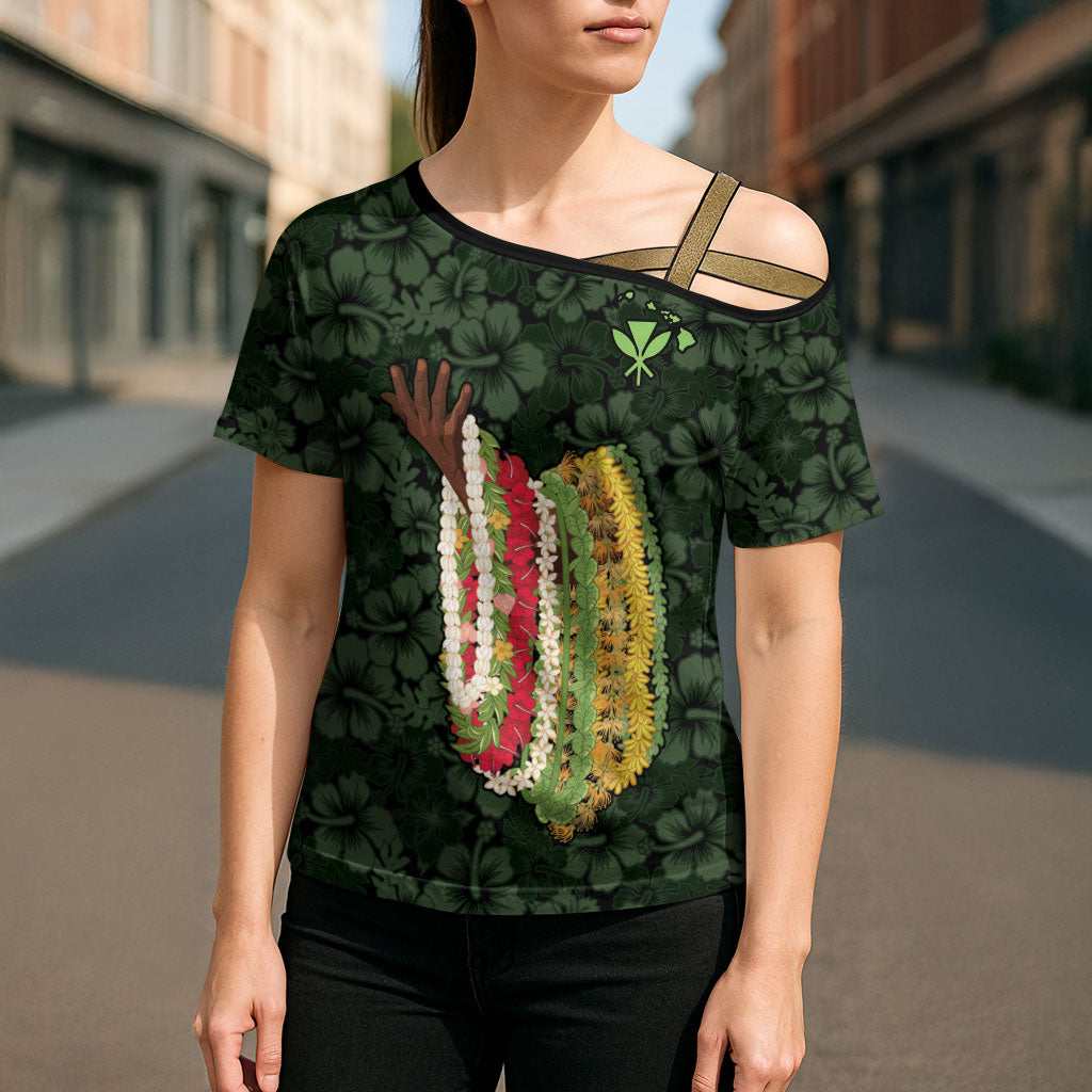 Hawaii Lei Kamehameha Cross Shoulder Shirt Oma'oma'o Seamless Pattern Hibiscus Flower LT9 - Polynesian Pride