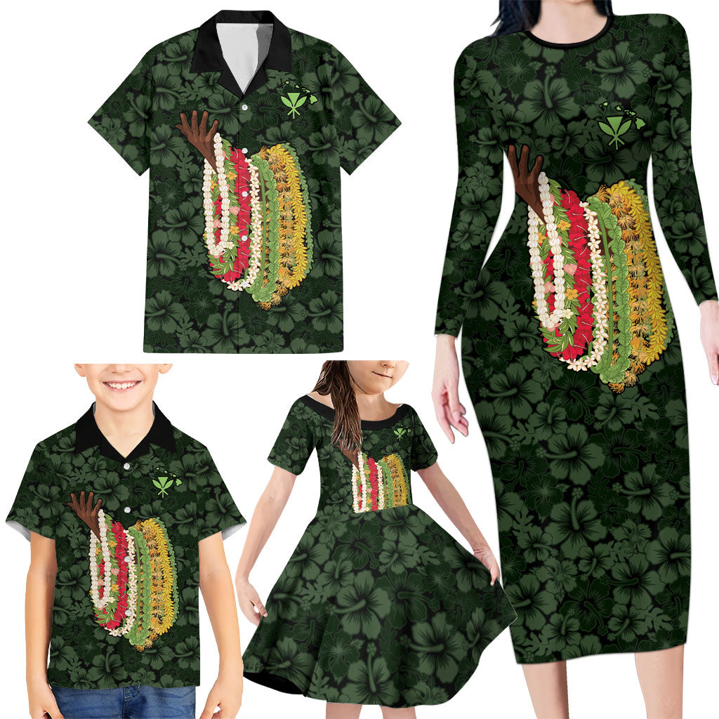 Hawaii Lei Kamehameha Family Matching Long Sleeve Bodycon Dress and Hawaiian Shirt Oma'oma'o Seamless Pattern Hibiscus Flower LT9 - Polynesian Pride