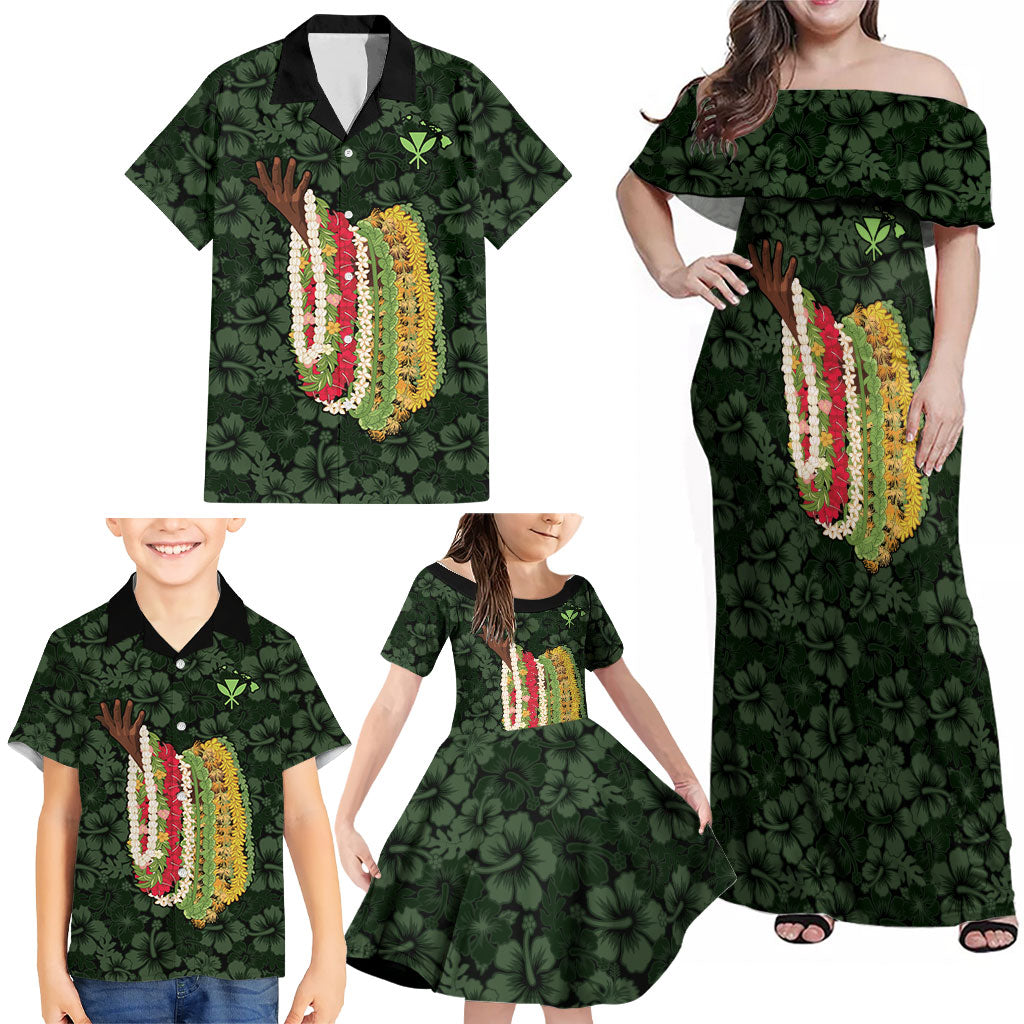 Hawaii Lei Kamehameha Family Matching Off Shoulder Maxi Dress and Hawaiian Shirt Oma'oma'o Seamless Pattern Hibiscus Flower LT9 - Polynesian Pride
