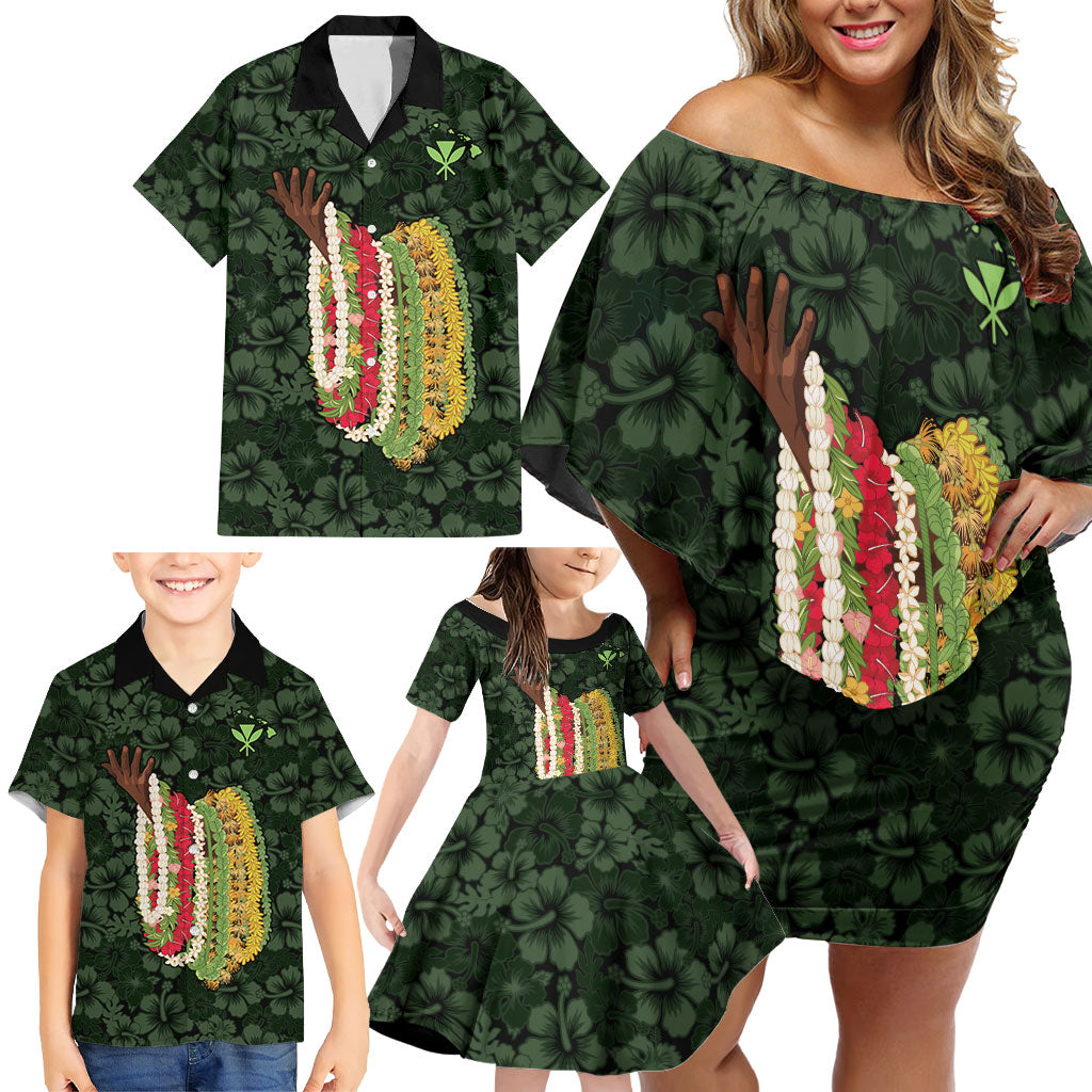 Hawaii Lei Kamehameha Family Matching Off Shoulder Short Dress and Hawaiian Shirt Oma'oma'o Seamless Pattern Hibiscus Flower LT9 - Polynesian Pride