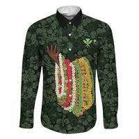 Hawaii Lei Kamehameha Family Matching Off Shoulder Short Dress and Hawaiian Shirt Oma'oma'o Seamless Pattern Hibiscus Flower LT9 Dad's Shirt - Long Sleeve Green - Polynesian Pride