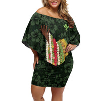 Hawaii Lei Kamehameha Family Matching Off Shoulder Short Dress and Hawaiian Shirt Oma'oma'o Seamless Pattern Hibiscus Flower LT9 Mom's Dress Green - Polynesian Pride