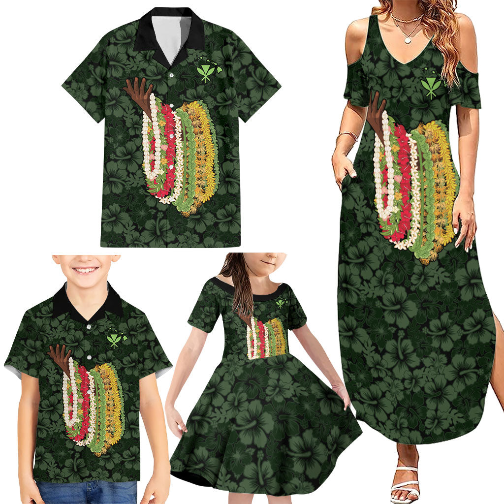 Hawaii Lei Kamehameha Family Matching Summer Maxi Dress and Hawaiian Shirt Oma'oma'o Seamless Pattern Hibiscus Flower