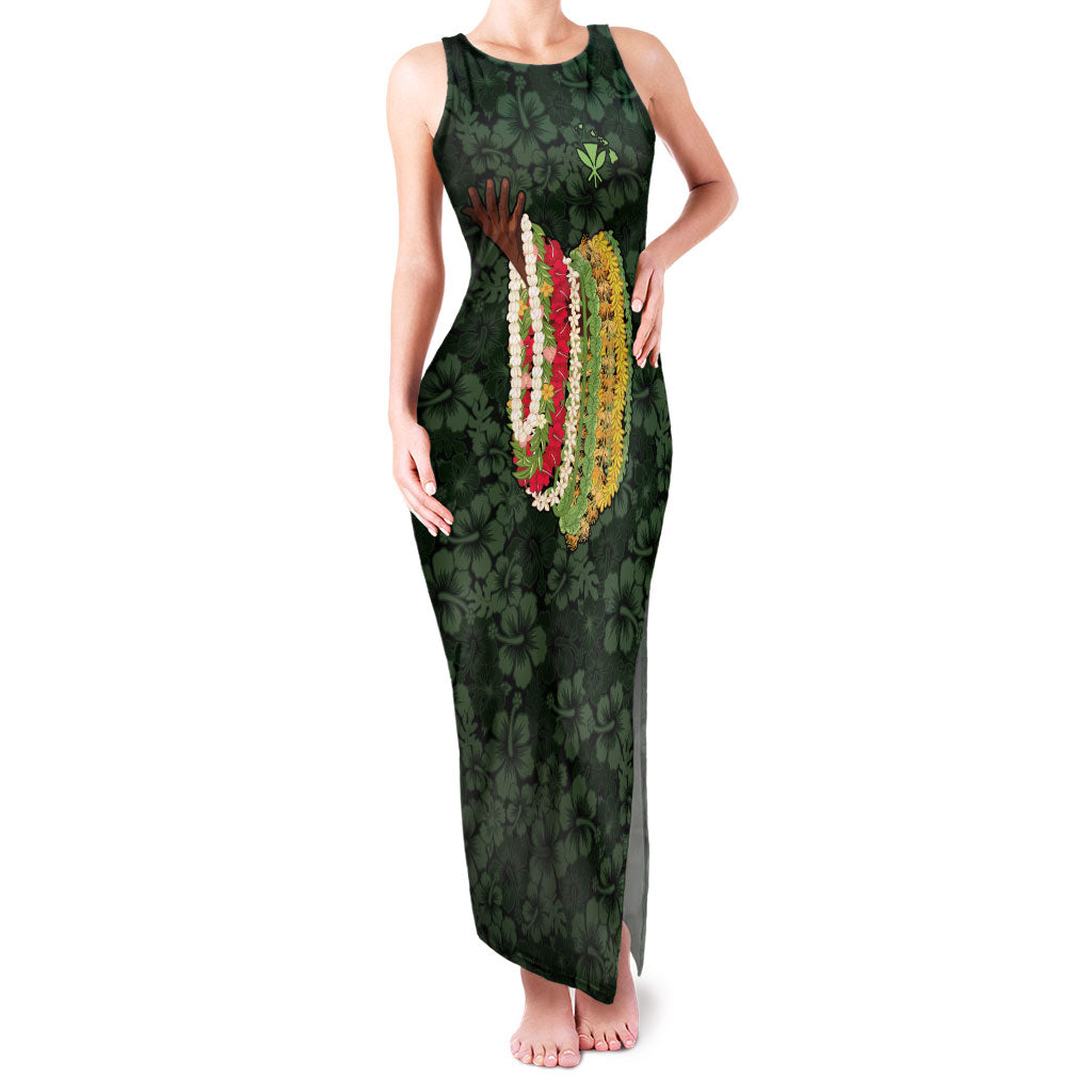 Hawaii Lei Kamehameha Family Matching Tank Maxi Dress and Hawaiian Shirt Oma'oma'o Seamless Pattern Hibiscus Flower LT9 Mom's Dress Green - Polynesian Pride