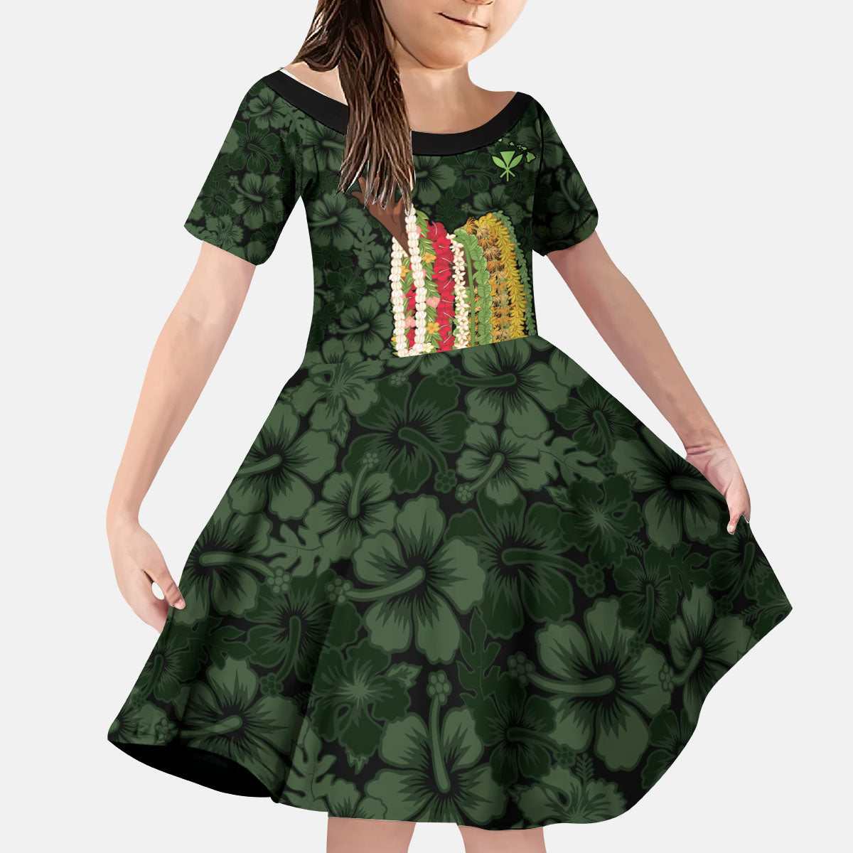 Hawaii Lei Kamehameha Kid Short Sleeve Dress Oma'oma'o Seamless Pattern Hibiscus Flower