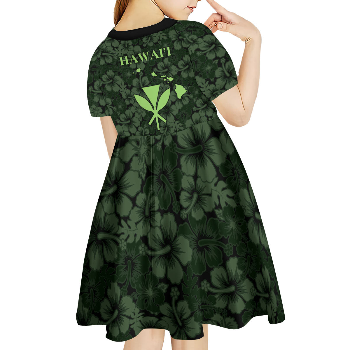 Hawaii Lei Kamehameha Kid Short Sleeve Dress Oma'oma'o Seamless Pattern Hibiscus Flower