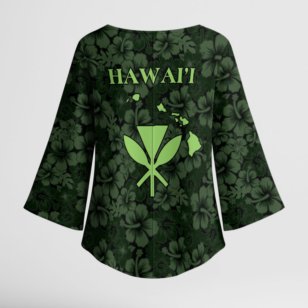 Hawaii Lei Kamehameha Kimono Sleeve Blouse Oma'oma'o Seamless Pattern Hibiscus Flower LT9 - Polynesian Pride