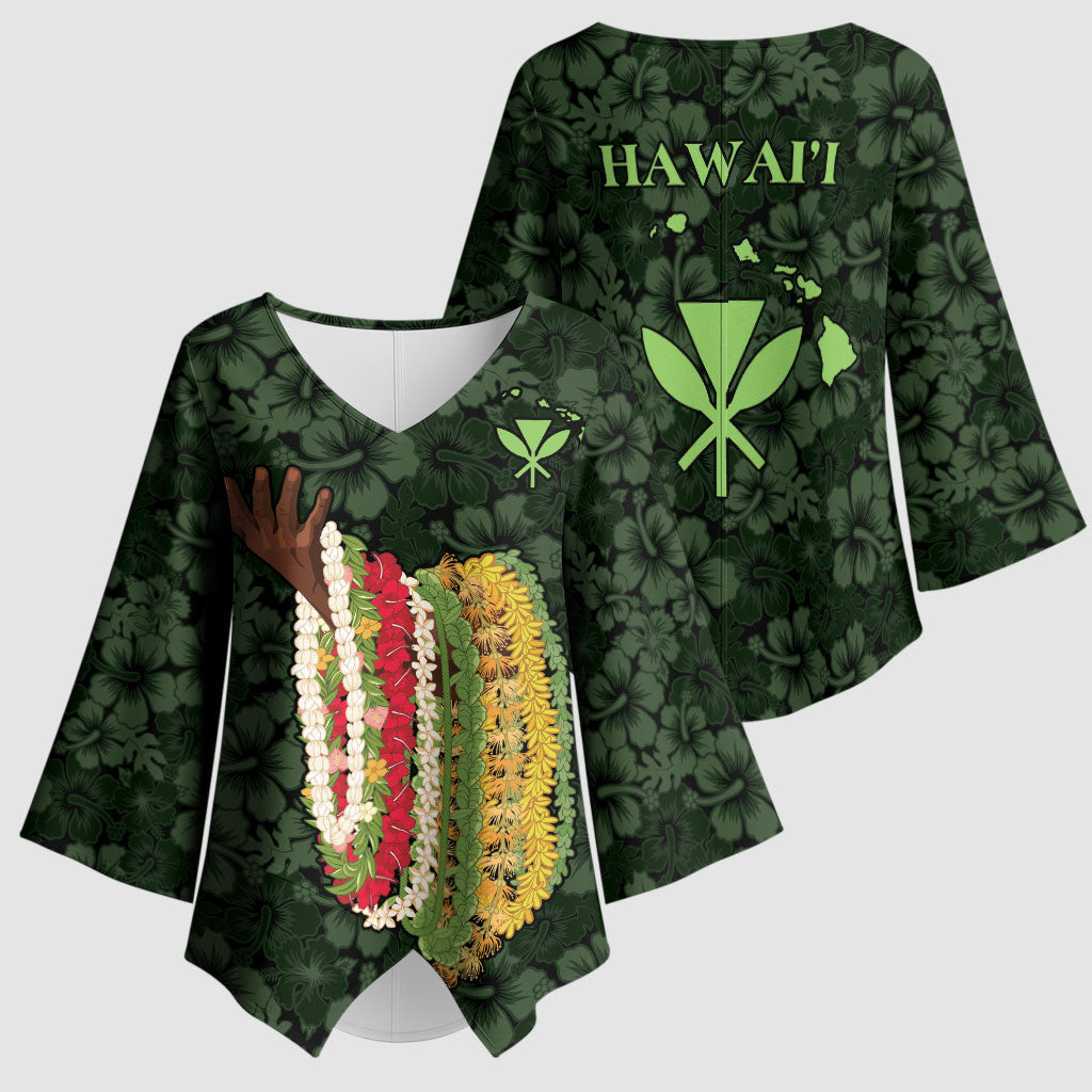 Hawaii Lei Kamehameha Kimono Sleeve Blouse Oma'oma'o Seamless Pattern Hibiscus Flower LT9 - Polynesian Pride