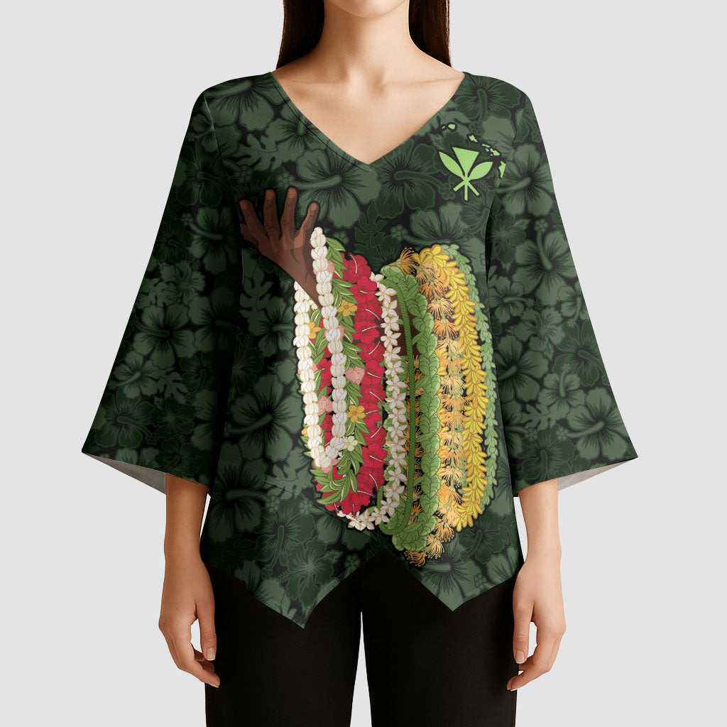 Hawaii Lei Kamehameha Kimono Sleeve Blouse Oma'oma'o Seamless Pattern Hibiscus Flower LT9 - Polynesian Pride