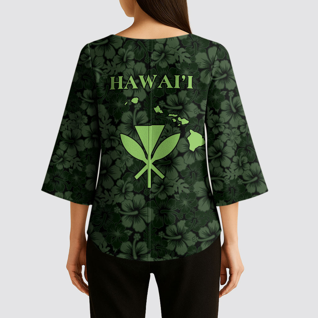 Hawaii Lei Kamehameha Kimono Sleeve Blouse Oma'oma'o Seamless Pattern Hibiscus Flower LT9 - Polynesian Pride