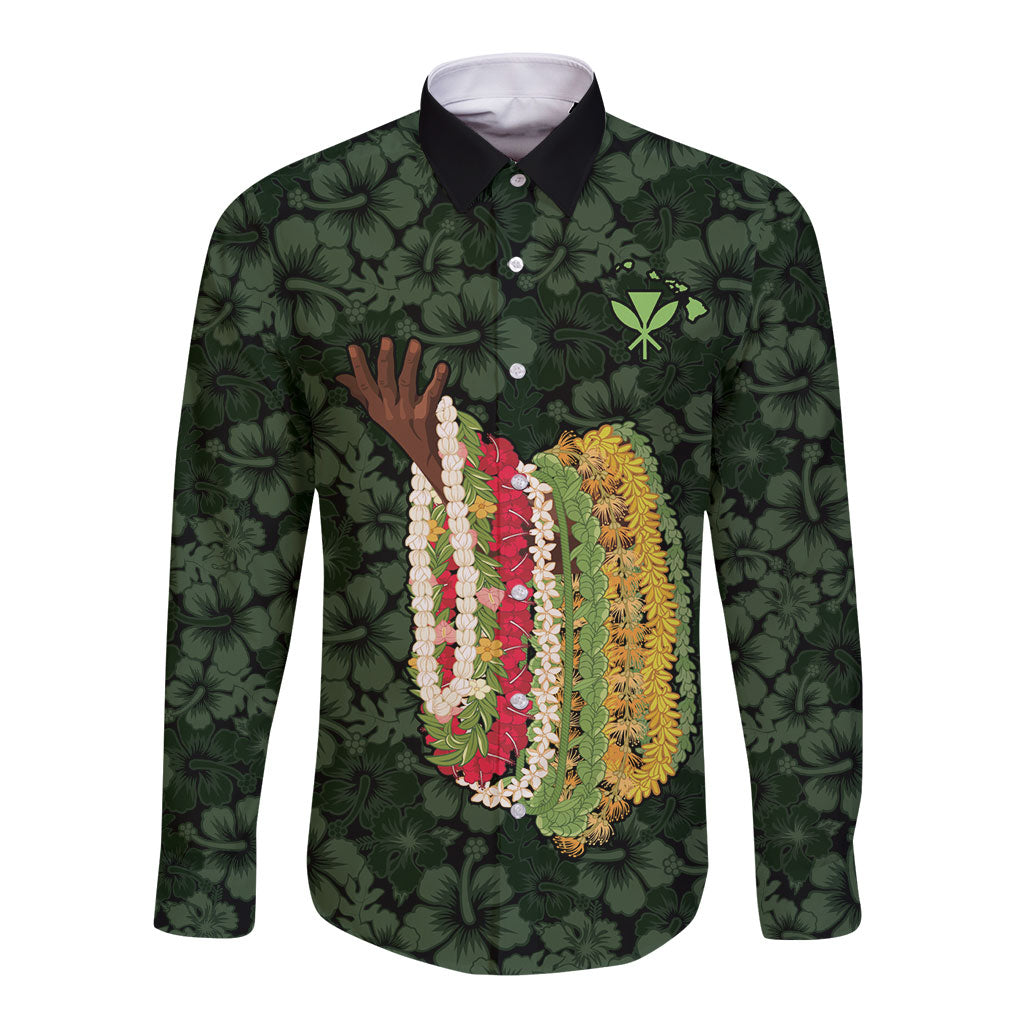 Hawaii Lei Kamehameha Long Sleeve Button Shirt Oma'oma'o Seamless Pattern Hibiscus Flower