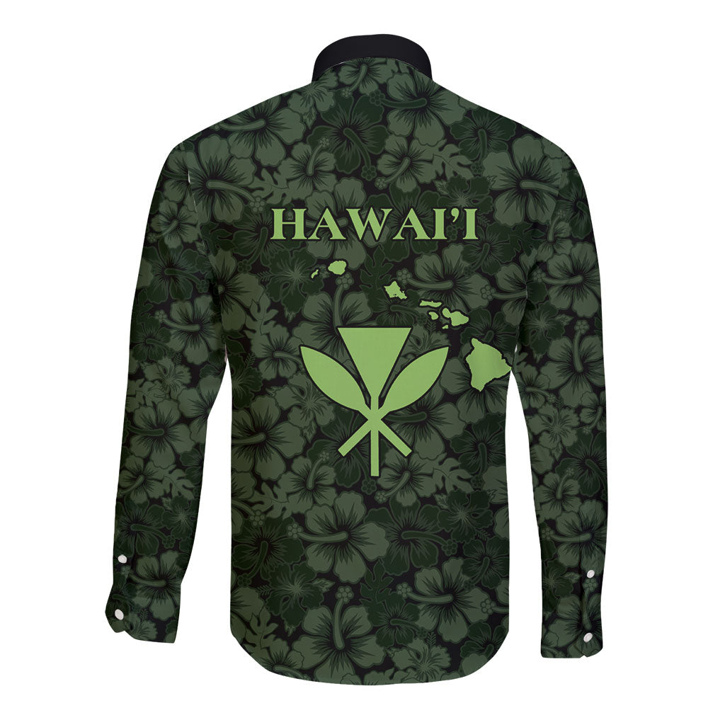 Hawaii Lei Kamehameha Long Sleeve Button Shirt Oma'oma'o Seamless Pattern Hibiscus Flower